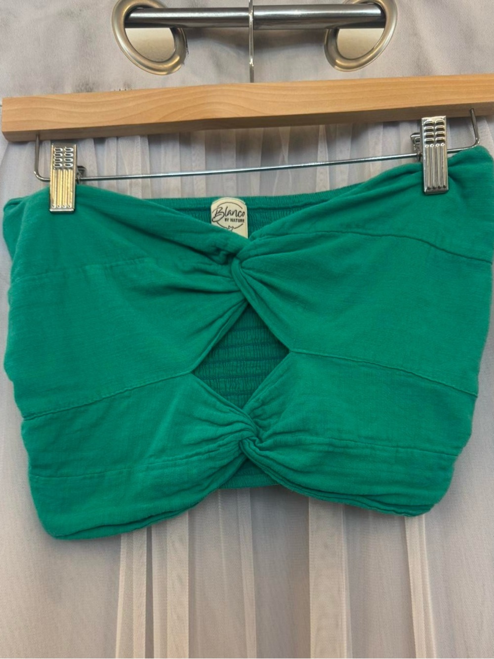 Blanco Twist-Front Strapless Crop Top in Emerald